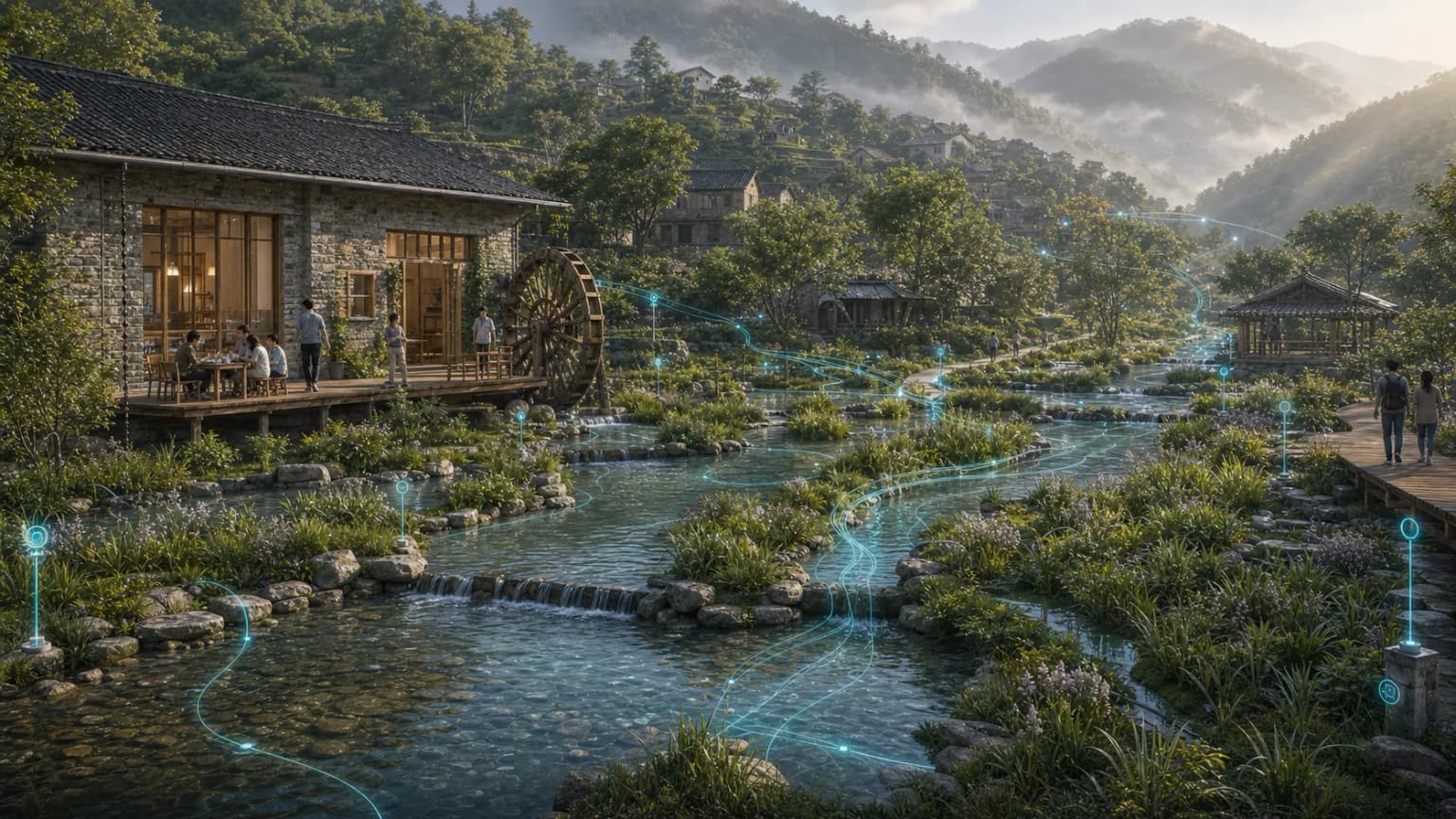 龙溪水脉、山谷和生态工坊场景